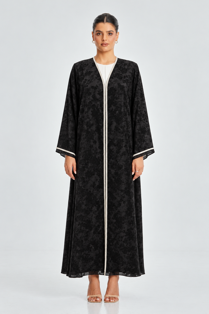 Black Floral print Textured Abaya