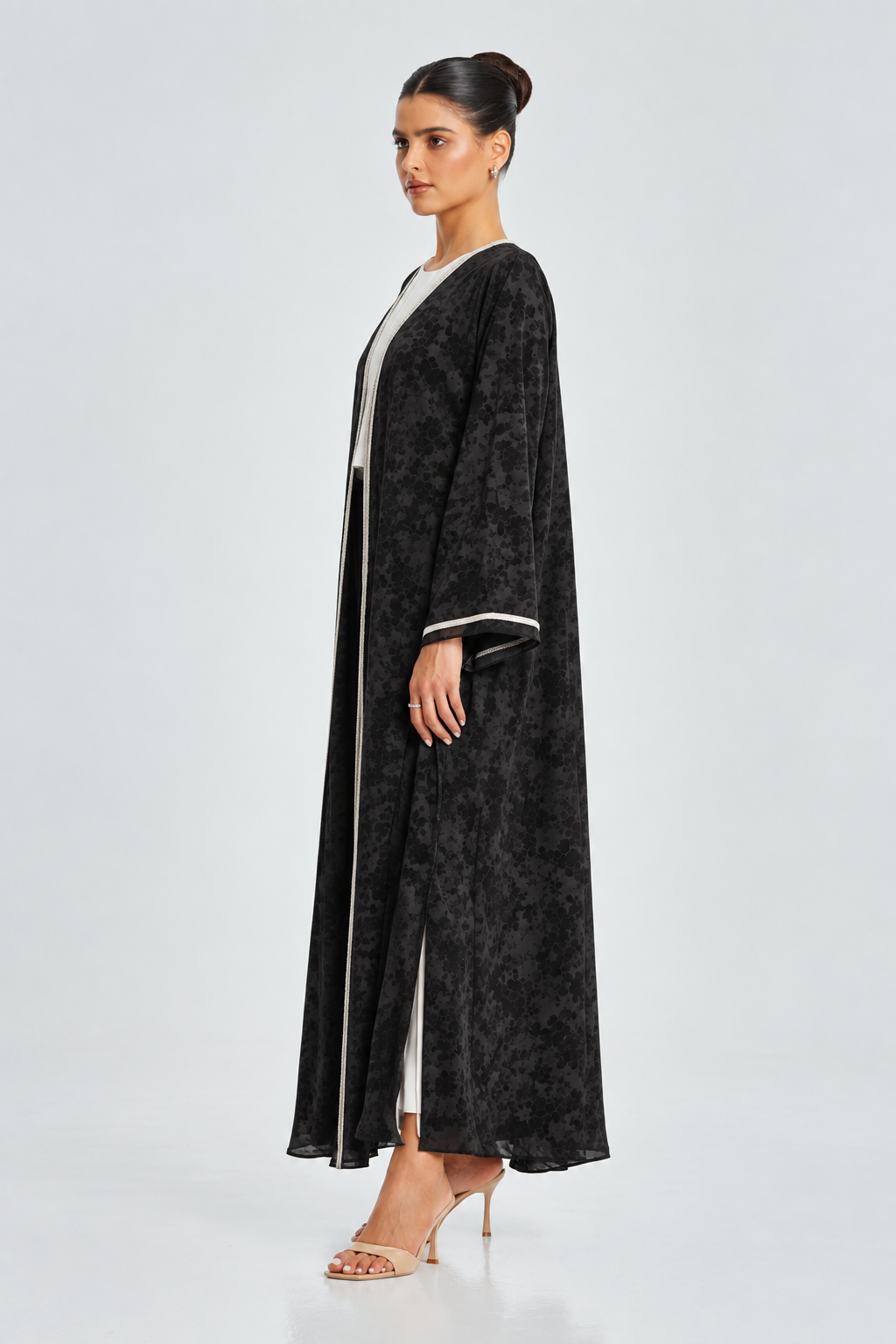 Black Floral print Textured Abaya