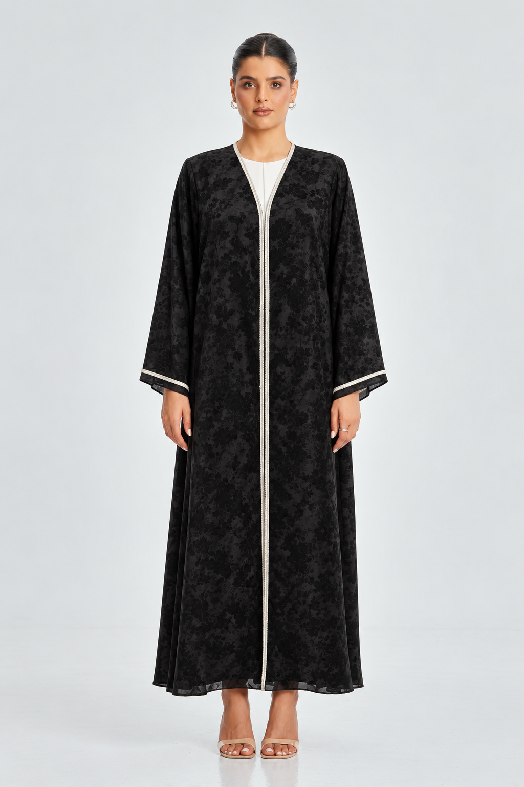 Black Floral print Textured Abaya